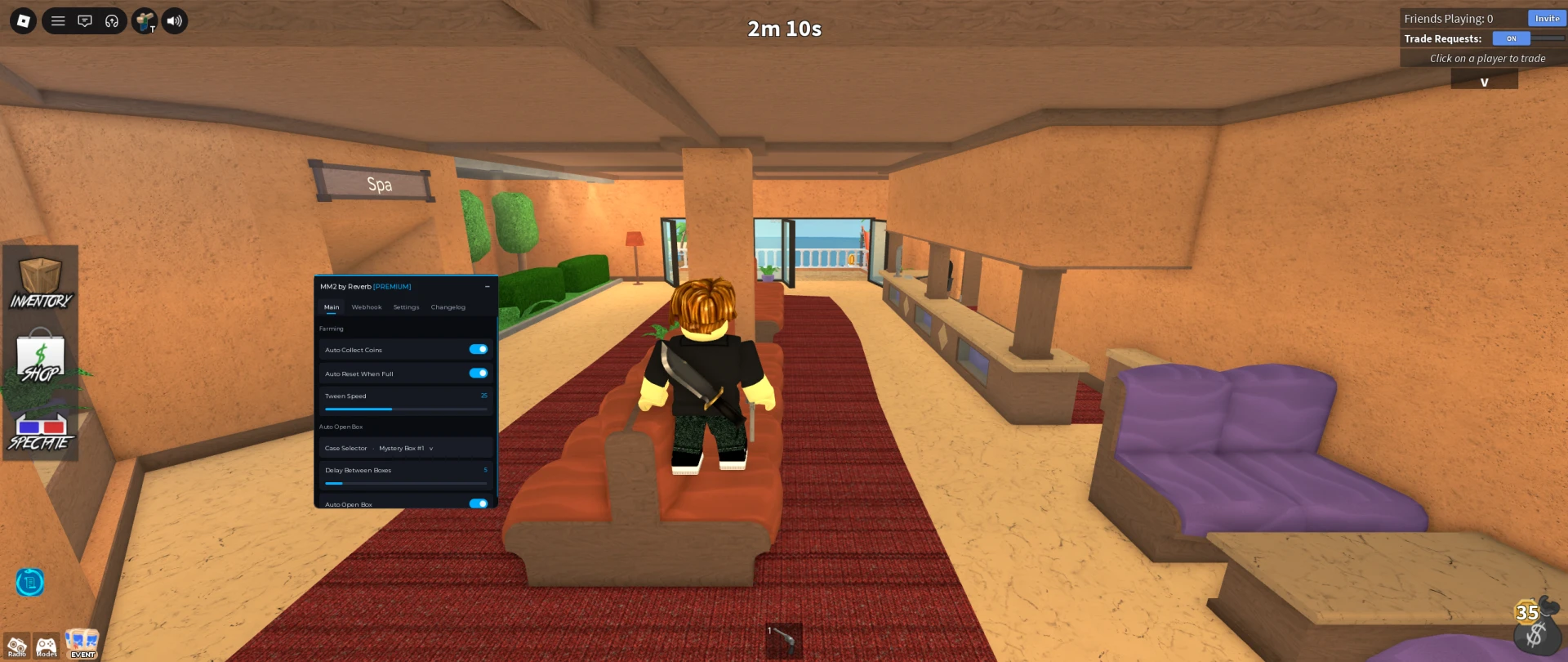Murder Mystery 2 Reverb script automatically collecting coins and opening boxes