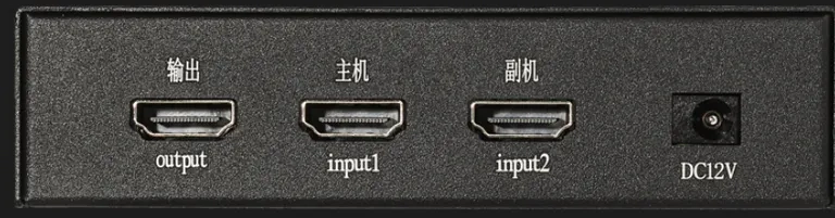 Fuser back panel ports, left to right: output, input 1 (main PC), input 2 (2nd PC), DC 12V power